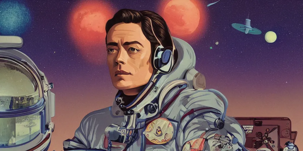 Image similar to a headshot portrait of Alain Delon pilot in spacesuit headphones in pacing on field forrest space station landing laying lake artillery outer worlds shadows in Gandahar FANTASTIC PLANET La planète sauvage animation by René Laloux