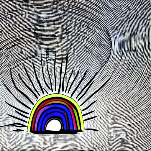 Prompt: rainbow object in the middle of a mysterious black and white environment