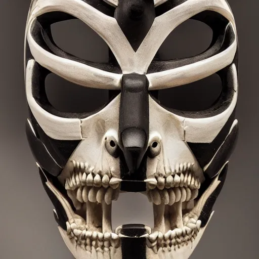 Image similar to symmetrical product photograph of a highly detailed ominous samurai mask made from fragmented bone and obsidian, angry