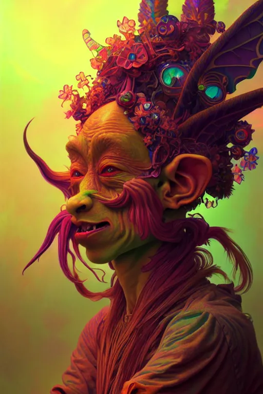 Prompt: beautiful psychedelic goblin, highly detailed, digital painting, artstation, sharp focus, illustration, art by tan zi and ayanamikodon and alphonse mucha and wlop