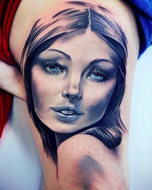 Image similar to tattoo design sketch of a beautiful blue - eyed woman face with a faded background of beautiful mountains on her side, hyper - realistic, in the style of den yakovlev, amazing detail, black and white