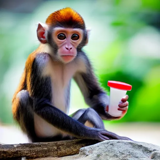 Image similar to cute baby monkey drinking water, 4k, realistic photo