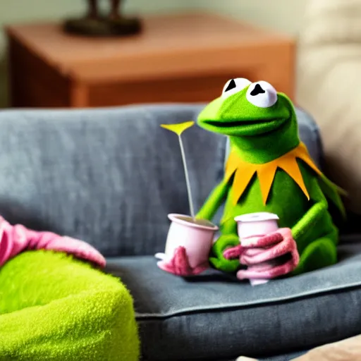 Image similar to candid photo of kermit the frog sitting on the couch hitting a bong, kermit the frog in ted ( 2 0 1 2 ) bong scene, kermit the frog, high resolution photo, trending on artstation, interior design,