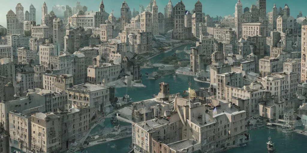 Image similar to a very high resolution image from a new movie, criss - crossed cities, beautiful scenery, photorealistic, photography, directed by wes anderson