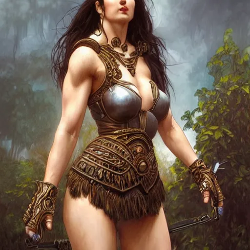 Image similar to full body portrait of sasha grey, muscular, upper body,big chest, amazon warrior, fantasy, intricate, elegant, highly detailed, digital painting, artstation, concept art, matte, sharp focus, illustration, art by Artgerm and Greg Rutkowski and Alphonse Mucha