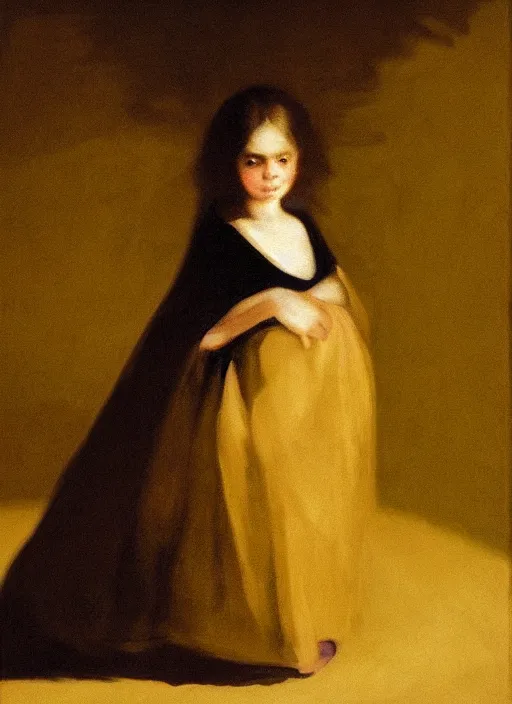 Image similar to shadows in the dark lurking on a lost little girl wearing a gold cloak, backlight, creepy, extremely realistic and highly detailed painting by francisco goya, soft light, gold ratio