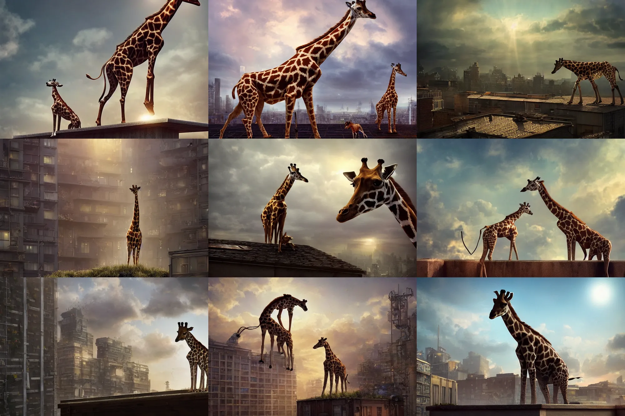 Prompt: a dog standing on the rooftop, the dog looks like giraffe, giraffe head and giraffe body, fantasy, intricate, epic lighting, cinematic composition, hyper realistic, 8 k resolution, unreal engine 5, by artgerm, tooth wu, dan mumford, beeple, wlop, rossdraws, james jean, andrei riabovitchev, marc simonetti, artstation