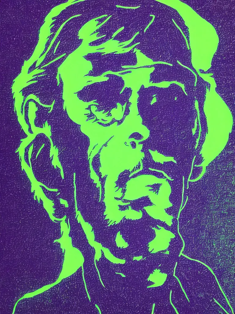 Prompt: portrait of alan watts, illustrated with neon color on black paper