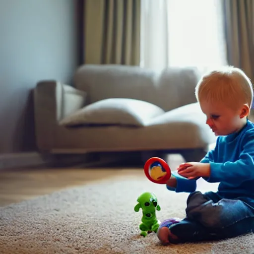 Prompt: Alien child, 5 years old, sitting on the floor, playing with a toy in the shape of a space ship