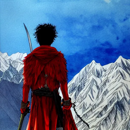 Image similar to painting of a lonesome warrior at the peak of himalayas, style of kentaro miura and conrad roset