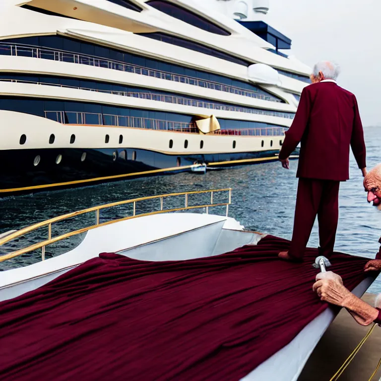 Image similar to wrinkled hunchbacked old man in musty burgundy suit, polishing painting the side of a huge gold plated mega yacht with a cloth, maintenance photo