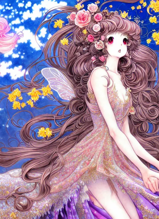 Prompt: exquisite imaginative manga poster of a fairy lady, long wavy hair, rococo dress, shimmering, by ayami kojima, shigenori soejima, minaba hideo,, jump comics, shogakukan, illustration, artstation, highly detailed, 8 k, fluorescent, maximalist