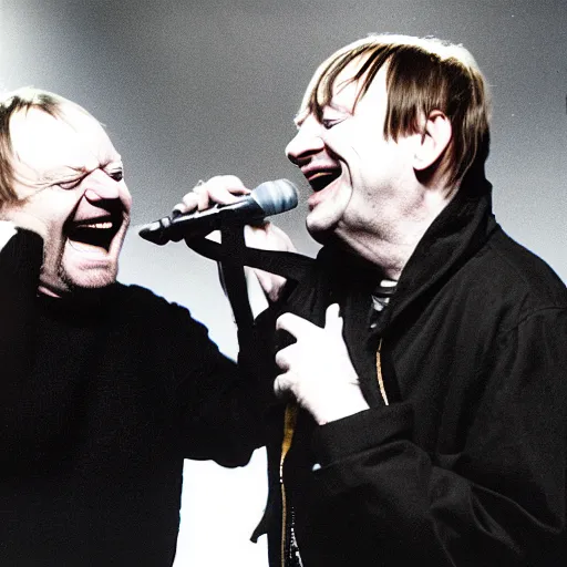 Image similar to Mark E Smith laughing at Fred Durst who is crying and screaming