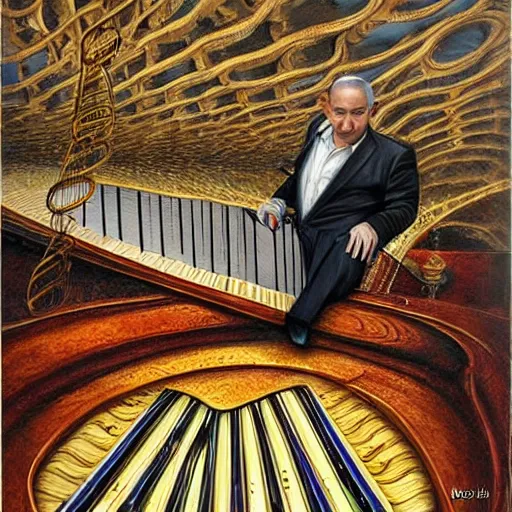 Prompt: benjamin netanyahu, spiraling floating piano, mirrors, by michael cheval