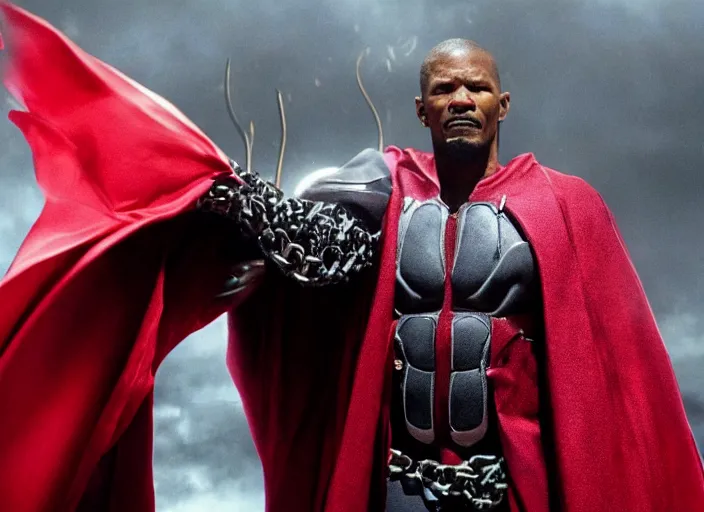 Image similar to film still of jamie foxx as spawn in the new spawn movie, giant chains, large cape, 8 k