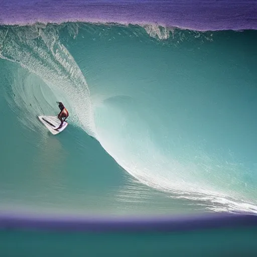 Prompt: a tunnel wave at teahupo'o with a very old woman dropping in an an ironing board