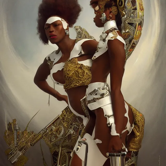 Image similar to african domme mistress, full body, dominatrix, tribal, smooth white tight clothes suit, ornate, very beautiful, concept art, realistic painting, androgynous, afrofuturism, daz 3 d, cinematic, cgsociety, digital art by greg rutkowski, by alphonse mucha