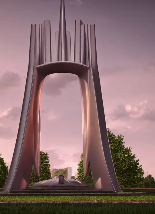 Image similar to highly detailed realistic architecture 3 d render of a futurisctic stele monument made from atomium brussels standing near a highway, archdaily, made in unreal engine 4 octane render