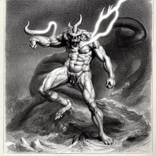 Image similar to full body grayscale drawing by Gustave Dore of muscled humanoid balrog beast with horns in heroic pose, swirling flames in background