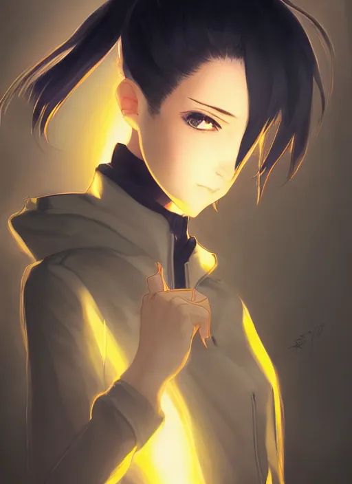 Image similar to black ponytail hair, pale woman in a black zipper jacket, yellow eyes, by artgerm, hair tied in a ponytail, white backdrop, soft lighting, night scene, by greg rutkowski makoto shinkai takashi takeuchi