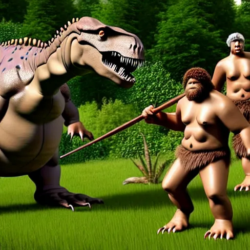 Image similar to A large dinosaur! fighting with several realistic detailed cavemen with proportioned bodies, next to the dinosaur are cavemen, the cavemen are armed with spears, the caveman are in a fighting stance, the cavemen are wearing animal furs, one caveman is stabbing the dinosaur with his spear, one caveman is cowering in fear, coarse canvas, visible brushstrokes, intricate, extremely detailed painting by William Turner (and by Greg Rutkowski)