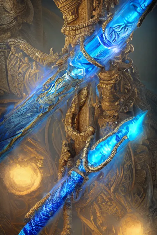 Image similar to an ornate and royal egyptian old twisted ornate carved wooden wizards staff weapon with a radiant blue crystal on top tip hovering, unreal engine, hyper realism, realistic shading, cinematic composition, blender render, octane render, hdr, detailed textures, photorealistic, 3 5 mm film, fantasy greg rutkowski digital painting, giger