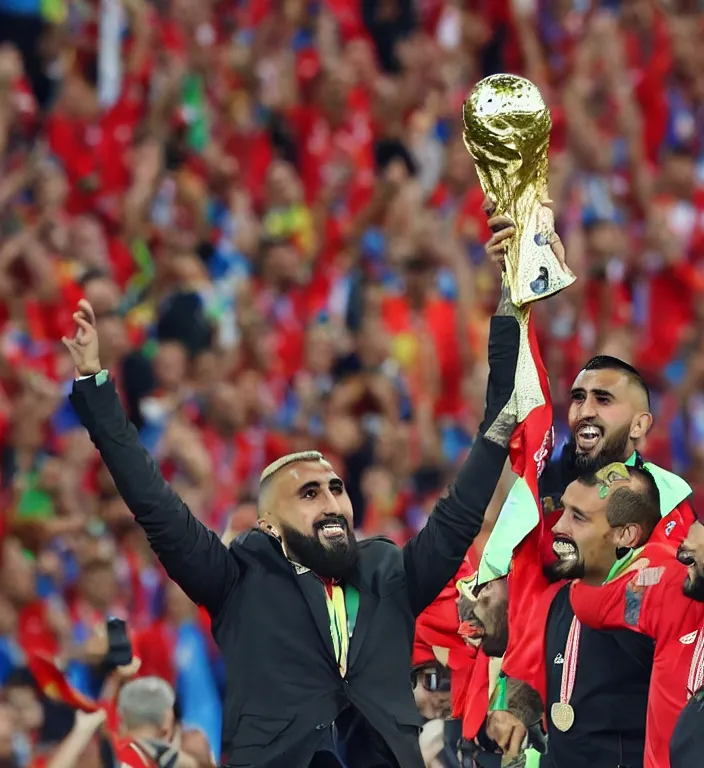 Prompt: arturo vidal lifting the fifa world cup with chilean soccer team in anfield stadium, galactic background