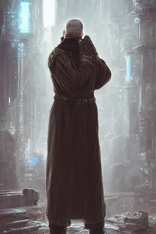 Image similar to ultrarealistic illustration cyberpunk old russian priest praying, cyberpunk, sci-fi fantasy, intricate, elegant, highly detailed, digital painting, artstation, concept art