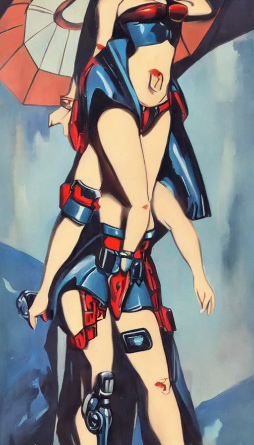 Prompt: full body cyberpunk beautiful woman in the style of a 1 9 4 0 s oil painted pin - up, on a gundam