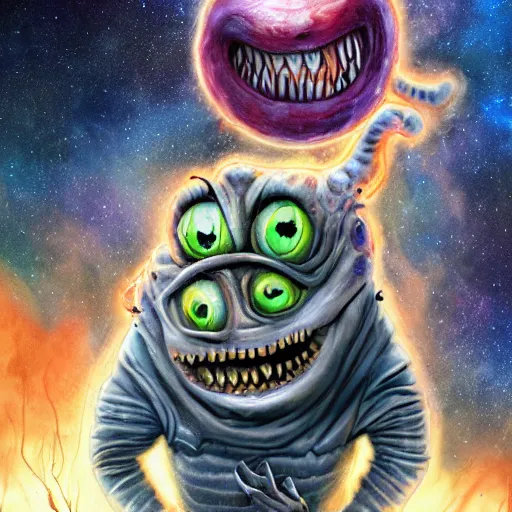 Prompt: one eldritch horror bloody garfield in space, galaxy, hd, 8 k, giant, epic, realistic photo, unreal engine, stars, prophecy, powerful, cinematic lighting, destroyed planet, debris, violent, sinister, ray tracing, dynamic, print, epic composition, dark, horrific, teeth, grotesque, scary, pencil drawing