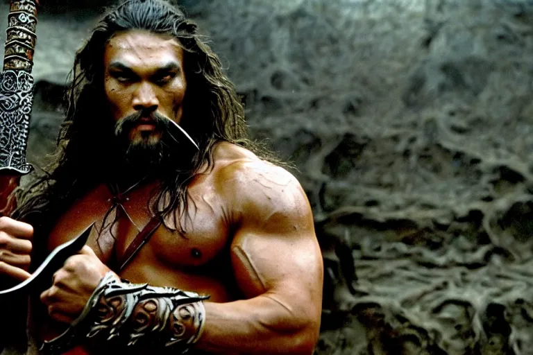 Image similar to 7 0 mm film still from conan the barbarian, jason momoa as conan with a giant sword wearing ornate dragon armor in the wet catacombs of skulls and snakes, cinematic, volumetric lighting, mist, wet skin and windblown hair, muscular!!!, heroic masculine pose, ridley scott