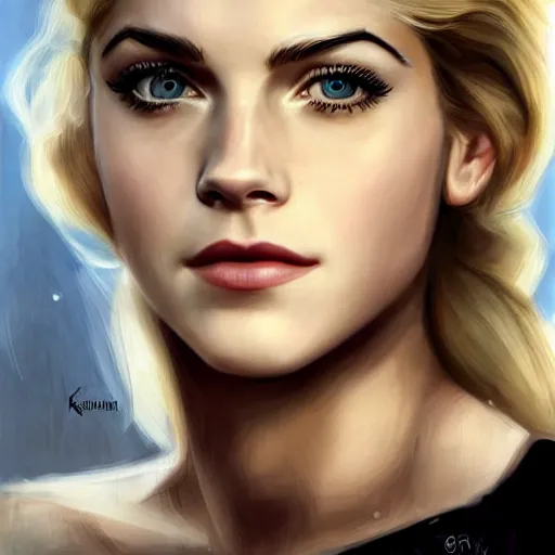 Image similar to A combination of Katheryn Winnick's and Grace Kelly's and Emma Watson's faces with blonde hair as Solid Snake from Metal Gear Solid, full body portrait, western, D&D, fantasy, intricate, elegant, highly detailed, digital painting, artstation, concept art, matte, sharp focus, illustration, art by Artgerm and Greg Rutkowski and Alphonse Mucha