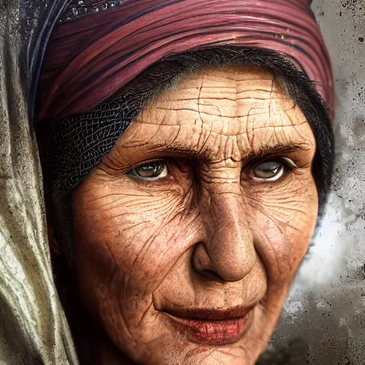 Image similar to hyperrealistic mixed media high resolution image of a beautiful Kurdish grandmother, stunning 3d render inspired art by István Sándorfi and Greg Rutkowski and Unreal Engine, perfect symmetry, dim volumetric lighting, 8k octane beautifully detailed render, post-processing, extremely hyper-detailed, intricate, epic composition, highly detailed attributes, highly detailed atmosphere, full body shot, cinematic lighting, masterpiece, trending on artstation, very very detailed, masterpiece, stunning, flawless structure, lifelike texture, perfection,