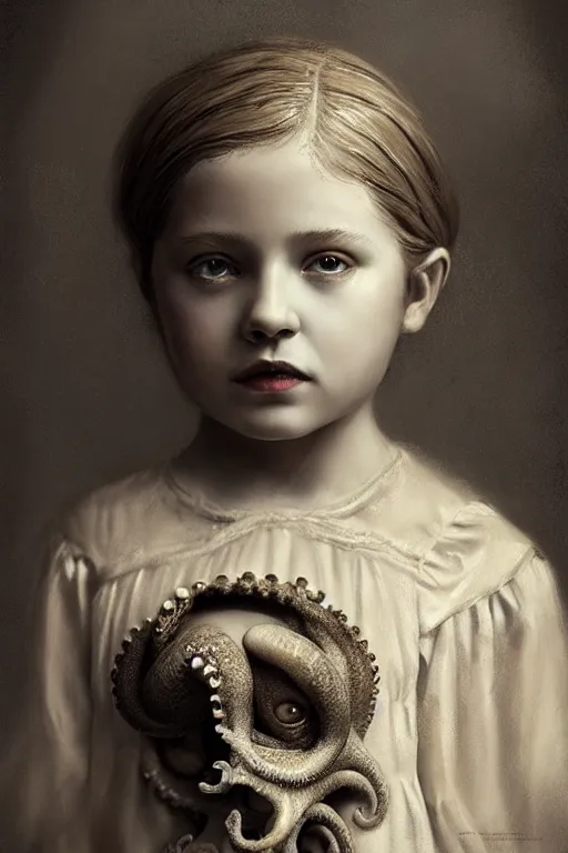 Image similar to wet plate photograph portrait of child with an octopus head, dressed in a victorian - era clothing, dramatic lighting, highly detailed, digital painting, artstation, concept art, smooth, sharp focus, illustration, art by wlop, mars ravelo and greg rutkowski