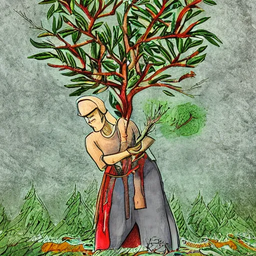 Prompt: a sorcerer holding secateurs in hand, preparing to cut a magic tree with its sap to summon a powerful being to aid them in their work, digital art