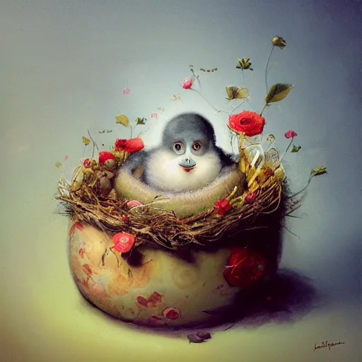 Image similar to soulful long shot of a very cute monster chick nesting in a very romantique floral cup, by esao andrews, by james jean, very humorous illustration, big depth of field, perspectice perception, volumetric light, warm cosy colors, night scenery, low light, unreal engine 5, 8 k, conceptart, hyperdetailed, hyperrealistic, trending on artstation