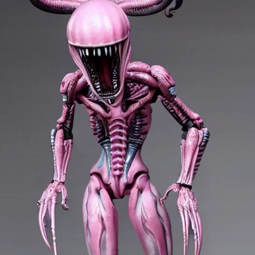 Image similar to cute xenomorph action figure, pastel colors, home display