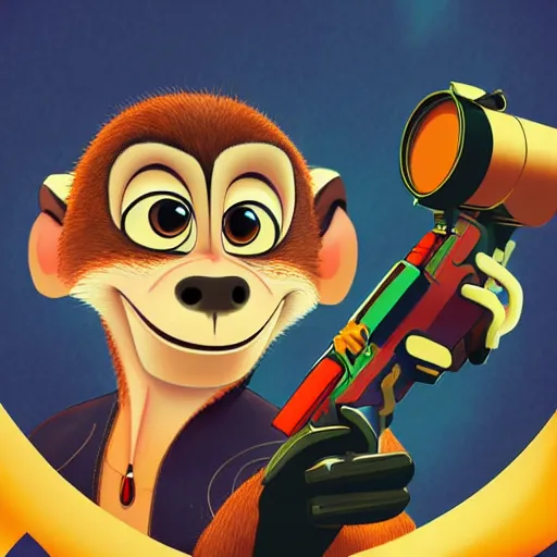 Image similar to “ logo and portrait of a monkey in the style of zootopia holding laser gun, with a black background, digital art, award winning, trending on art station, retro style ”