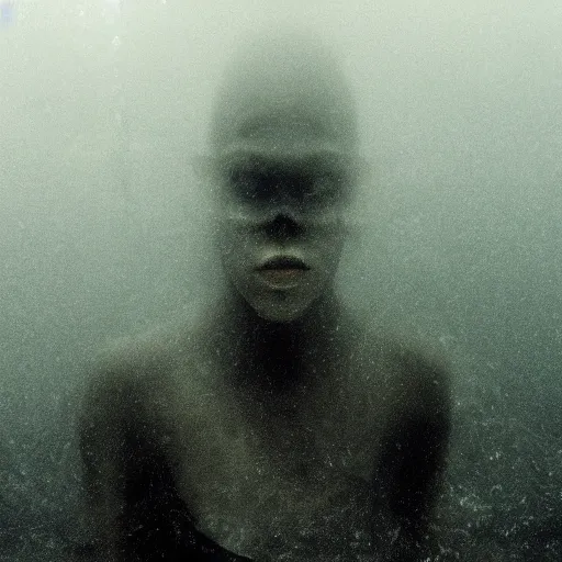 Image similar to sea monster about to eat pov underwater, pale skin, dark yellowish water, foggy water, dark, dramatic,'silent hill ', big eyes, alluring and terrifying, cinematic