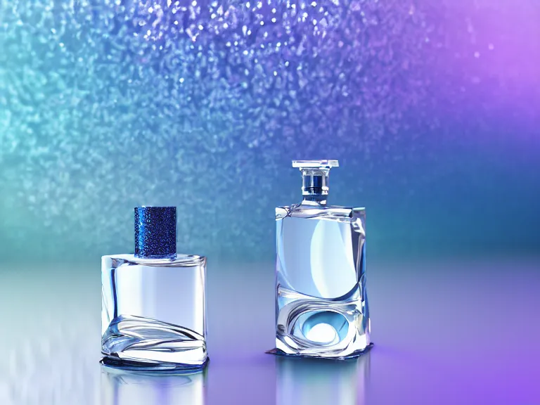 Prompt: perfume bottle standing in a glittering oasis in deep blue pond water surrounded blue flowers by zaha hadid ; octane highly render, 4 k, ultra hd, 2 0 0 mm, mute dramatic colours, soft blur outdoor stormy sea background, volumetric lighting