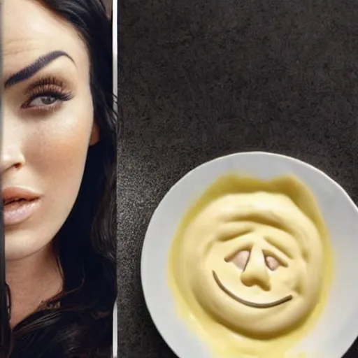 Image similar to mayonnaise in the shape of a human face, human face made out of mayonnaise, megan fox made out of mayonnaise!!!!!, white face paint, professional food photography, unreal engine, by giuseppe arcimboldo