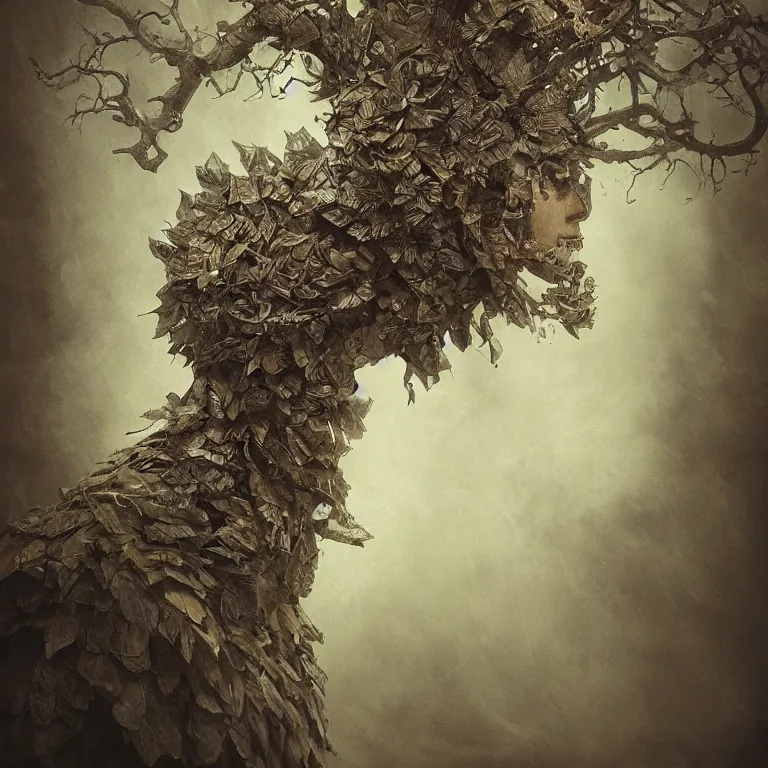 Prompt: powdery blurry old tintype portrait of realistic armoured tree made of leaves, dramatic light, dystopian environment, intricate, elegant, highly detailed, centered headdress, artstation, sharp focus, artgerm, tomasz alen kopera, peter mohrbacher, donato giancola, joseph christian leyendecker, wlop, boris vallejo, frank frazetta