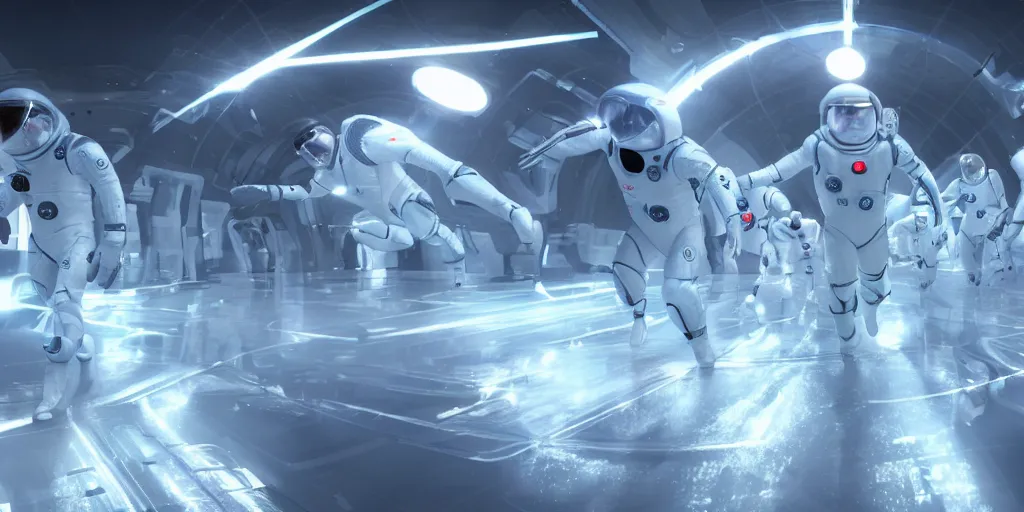 Image similar to futuristic spacemen firing lasers in zero gravity, skintight suits, floating, bright white light, floating white obstacles, surrounded by a laser grid, unreal engine, lensflares, low perspective