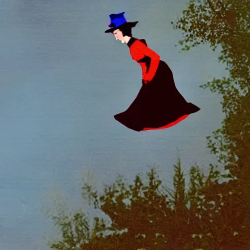 Prompt: Mary Poppins flaoting in the sky blurry photo in the style of Big foot photo