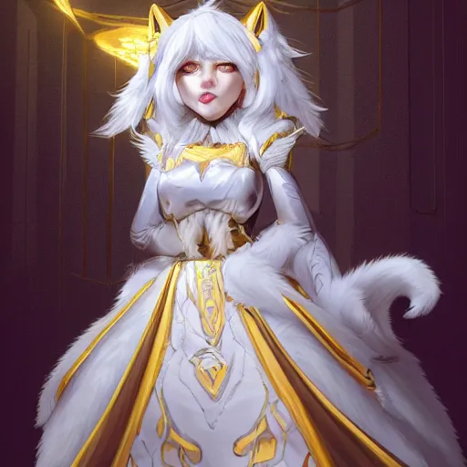 Image similar to commissioned full body portrait of a female anthro furry wolf princess fursona with white hair wearing a white and gold armored dress in a white and gold palace, by Wlop and jerry park, artstation, extremely detailed