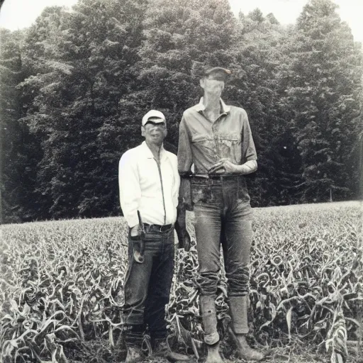 Prompt: a alien standing next to a farmer on a farm next to a corn field polaroid picture