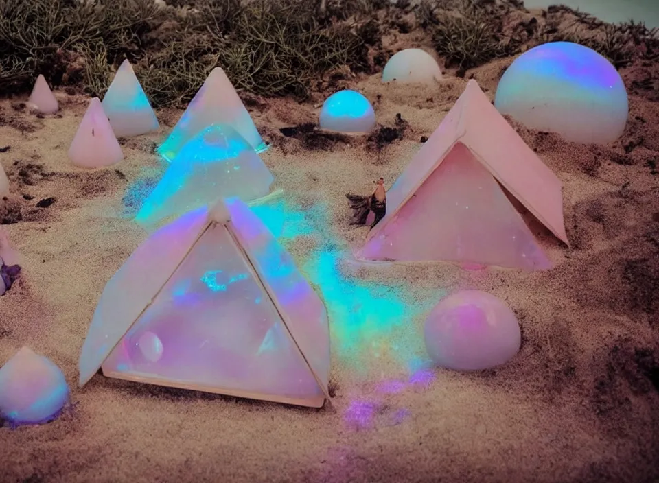 Image similar to a vintage family holiday photo of an empty beach from an alien dreamstate world with chalky pink iridescent!! sand, reflective lavender ocean water, dim bioluminescent plant life and an igloo shaped plastic transparent bell tent surrounded by holiday clutter opposite a pit with an iridescent blue flame flickering. refraction, volumetric, light.