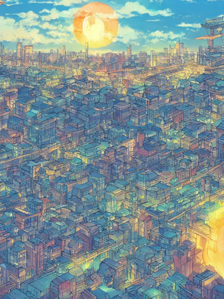 Image similar to a digital art of sunset, a metropolis beside the river, by studio ghibli and hayao miyazaki, highly - detailed, anime, deviantart