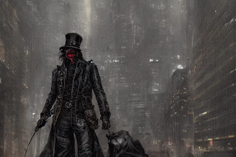 Prompt: stunningly ominous, detailed steampunk vigilante in a skyscraper at night in the rain, smooth, focus, highly detailed, hyper realistic, dramatic lighting, intricate, concept art, skyline, looking down, art by wlop, mars ravelo, greg rutowski, artstation