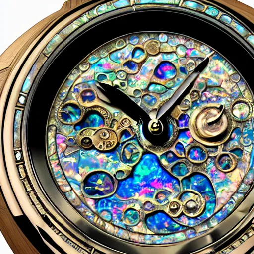 Image similar to detailed illustration of celestial watch from the far future with infinite dials, mother of pearl opal, year 2 5 0 0, style of norman rockwell